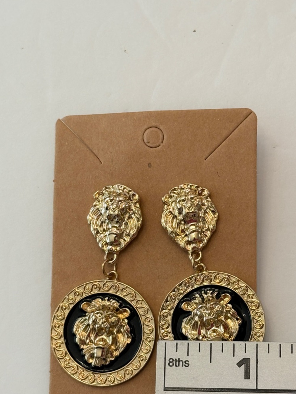 Gold Lion Head Medallion Earrings Black Enamel Statement Drop - Picture 11 of 13